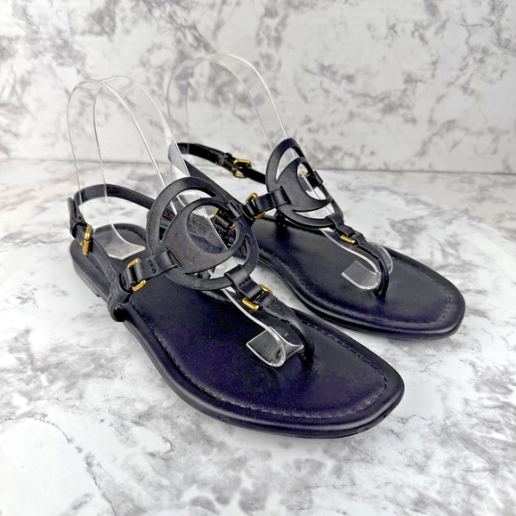 Coach Jeri Black Leather Sandals Size 7.5 Thong Slingback Flat C Logo Buckle - Picture 1 of 10